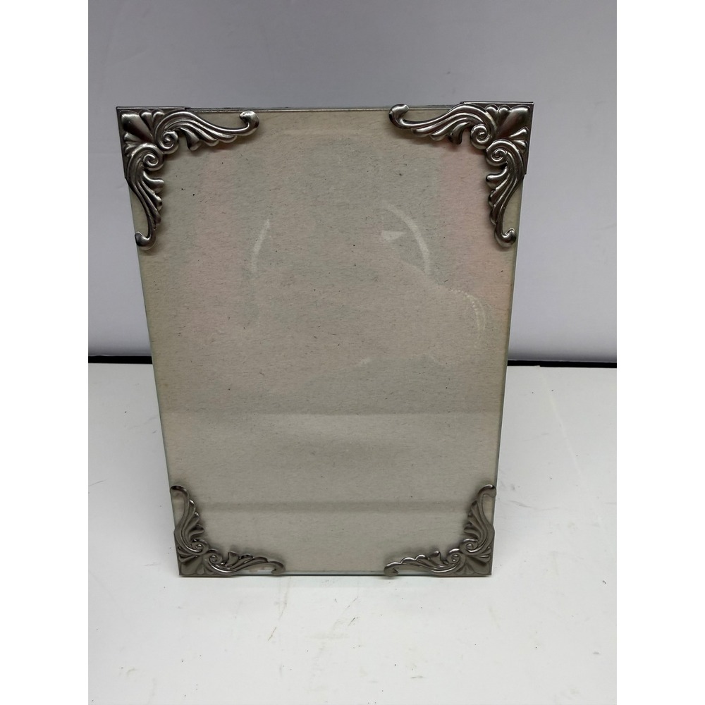 Vintage Glass Picture Frame Silver Scroll Filigree Corners 5x7 Tabletop Easel